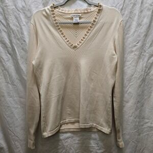 Barry Bricken Cream V-Neck Silk Blend Knit Sweater Women's Size Small Ruffle‎